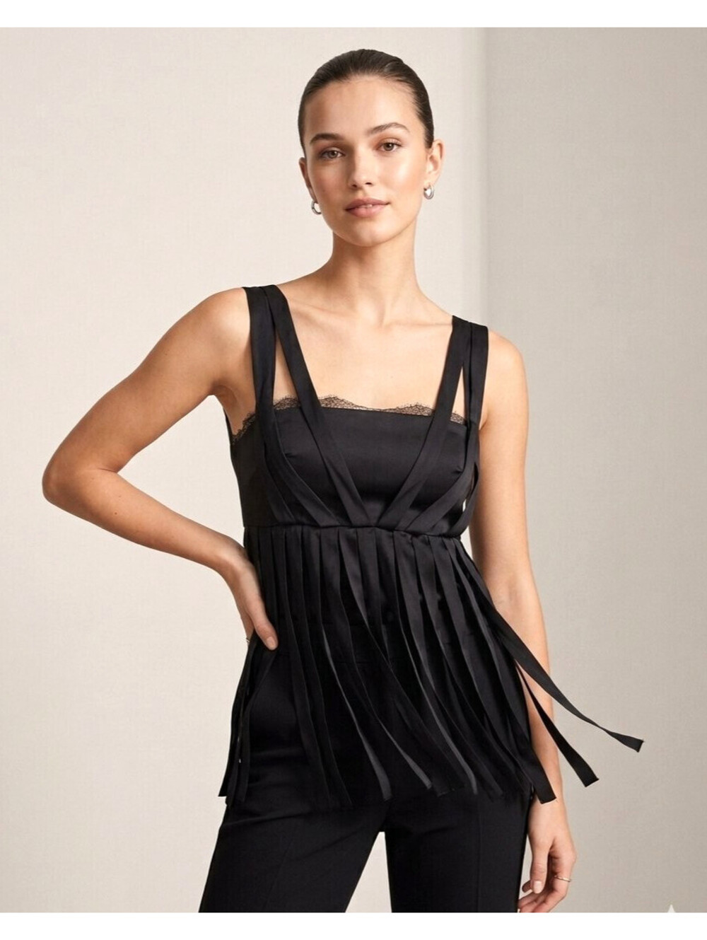 Stella McCartney Black silk blend sleeveless top fabric strip Fringe Lace US-4